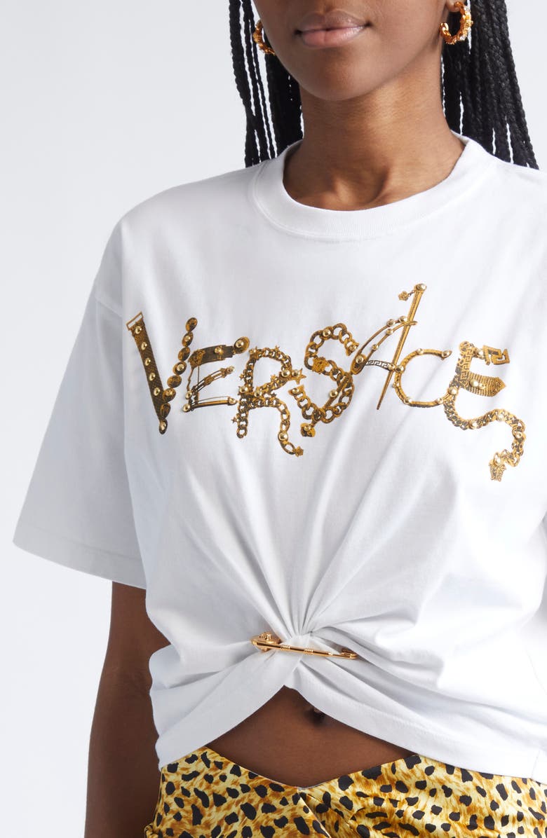 Versace Studded Chain Logo Safety Pin Graphic T-Shirt, Alternate, color, Optical White