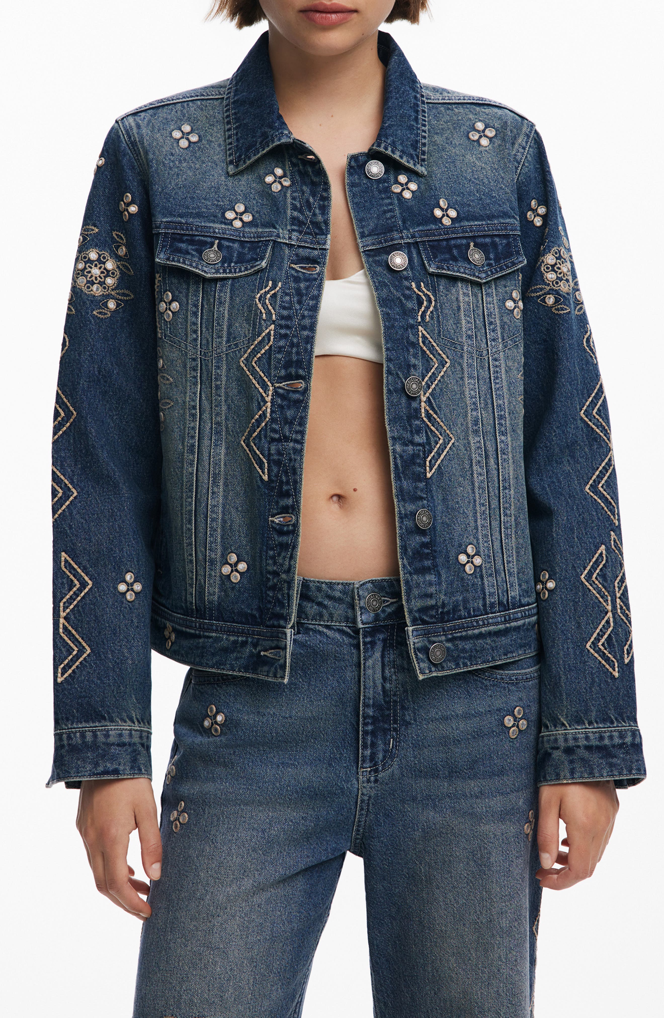 Metallic Embroidery Denim Trucker Jacket