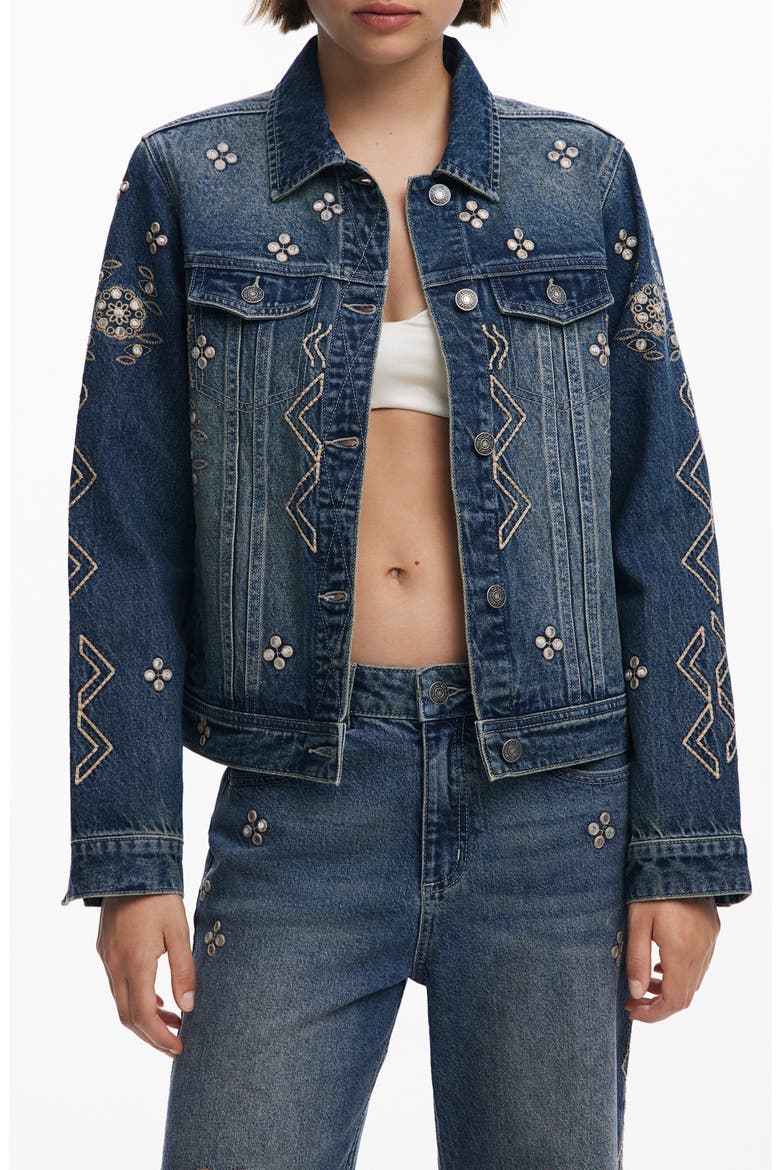 Metallic Embroidery Denim Trucker Jacket, Main, color, MEDIUM BLUE