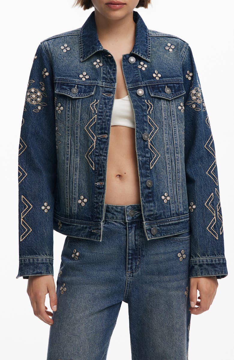 Desigual Metallic Embroidery Denim Trucker Jacket, Main, color, Medium Blue