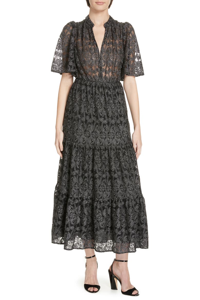 metallic embroidered midi dress, Main, color, BLACK