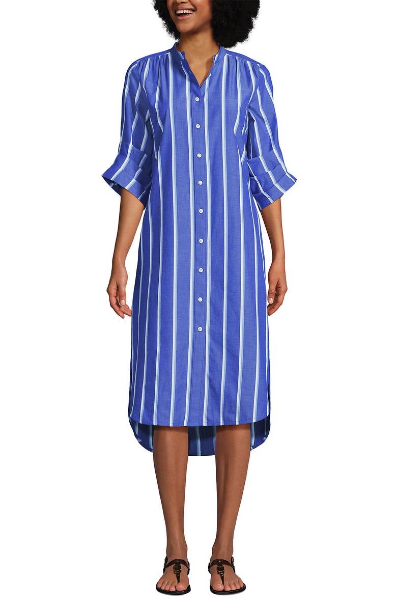 Lands' End Poplin Oversized Puff Sleeve Midi Shirt Dress, Alternate, color, Blue/White Shadow Stripe