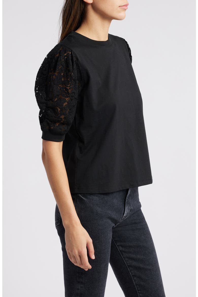 Frankie Lace Sleeve Organic Cotton Top, Alternate, color, BLACK