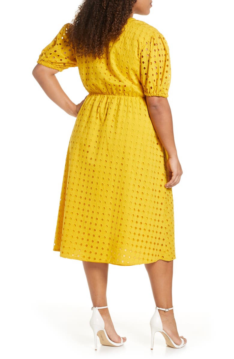ELOQUII Puff Sleeve Eyelet Midi Dress, Alternate, color,