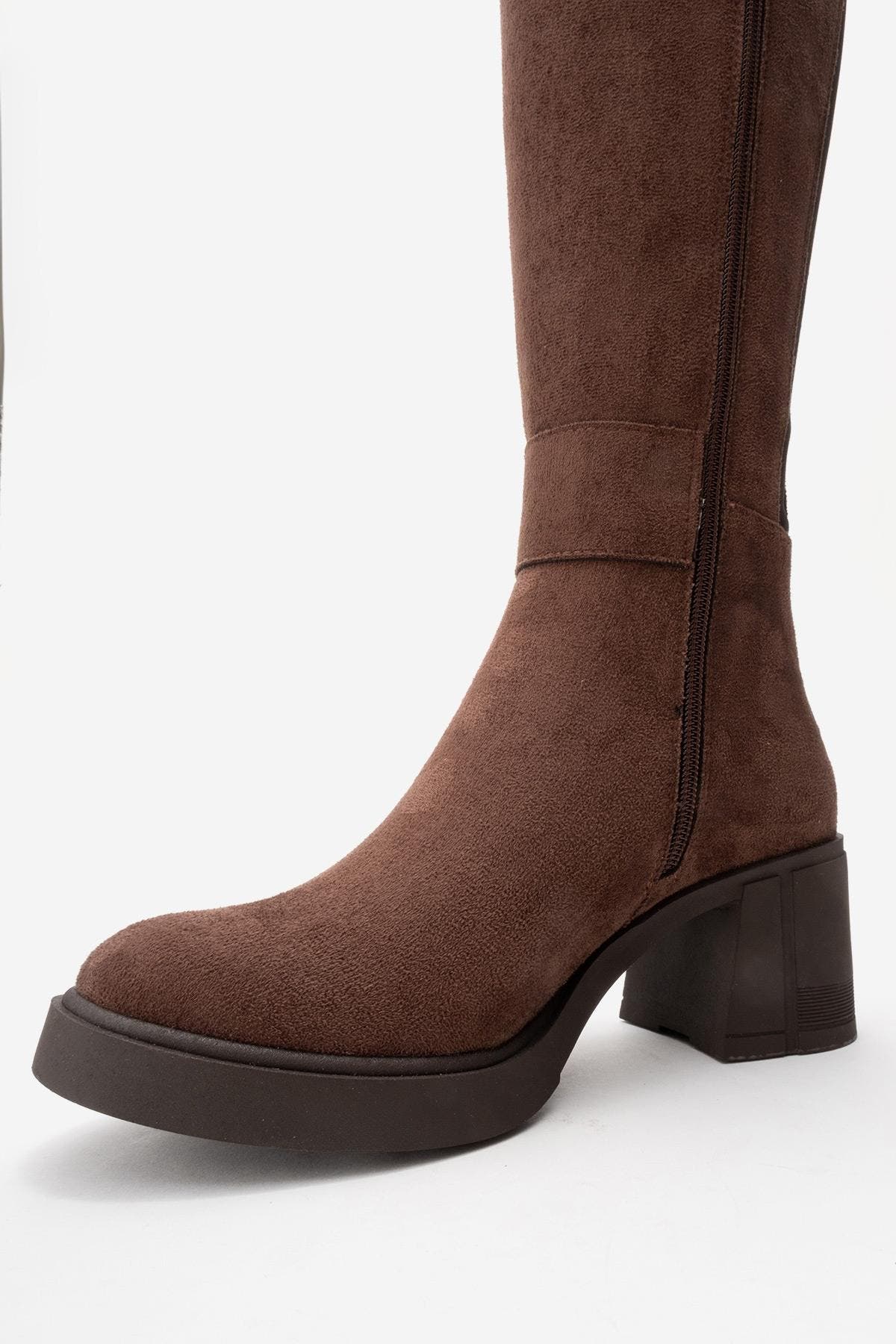 Moreni Stretch Buckle Block Heel Knee High Boot, Alternate, color, Brown Suede Faux Leather