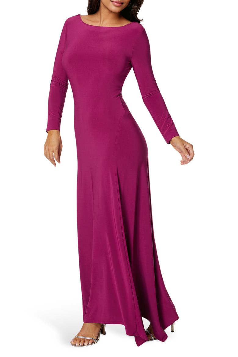 Cowl Back Long Sleeve Sharkbite Hem Maxi Dress, Alternate, color, FUCHSIA