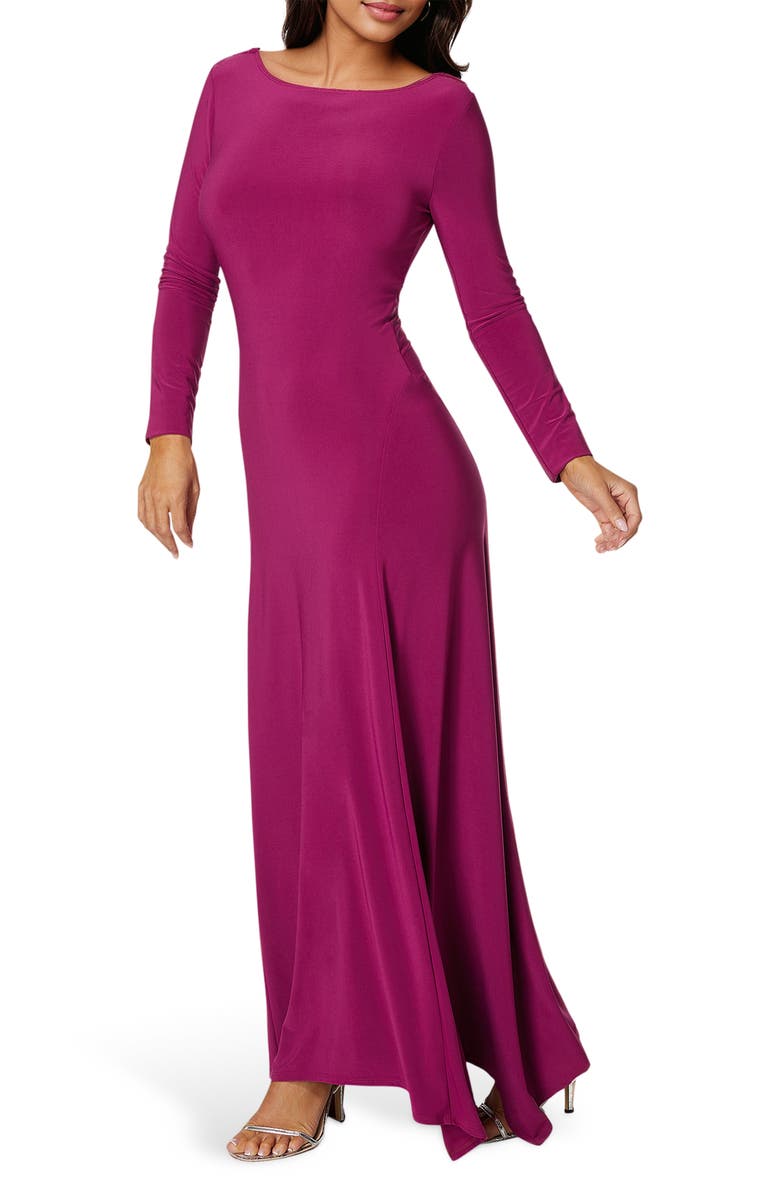 bebe Cowl Back Long Sleeve Sharkbite Hem Maxi Dress, Alternate, color, Fuchsia