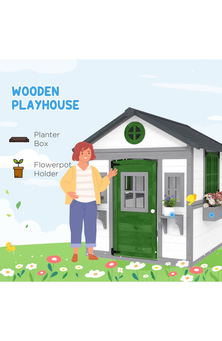 Outsunny Playhouse for Kids with Doors, Windows, Planter Pots, Indoor/Outdoor Use, Alternate, color, 