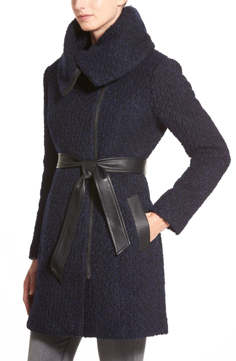 Cole Haan Signature Belted Asymmetrical Bouclé Wool Blend Coat, Alternate, color,