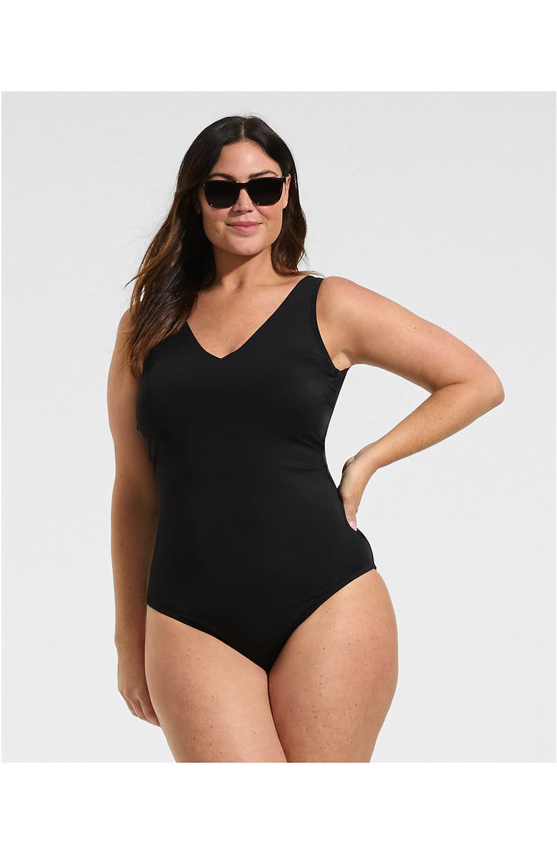 Lands' End Plus Size Tugless V-Neck High Leg One Piece Swimsuit, Alternate, color, Black