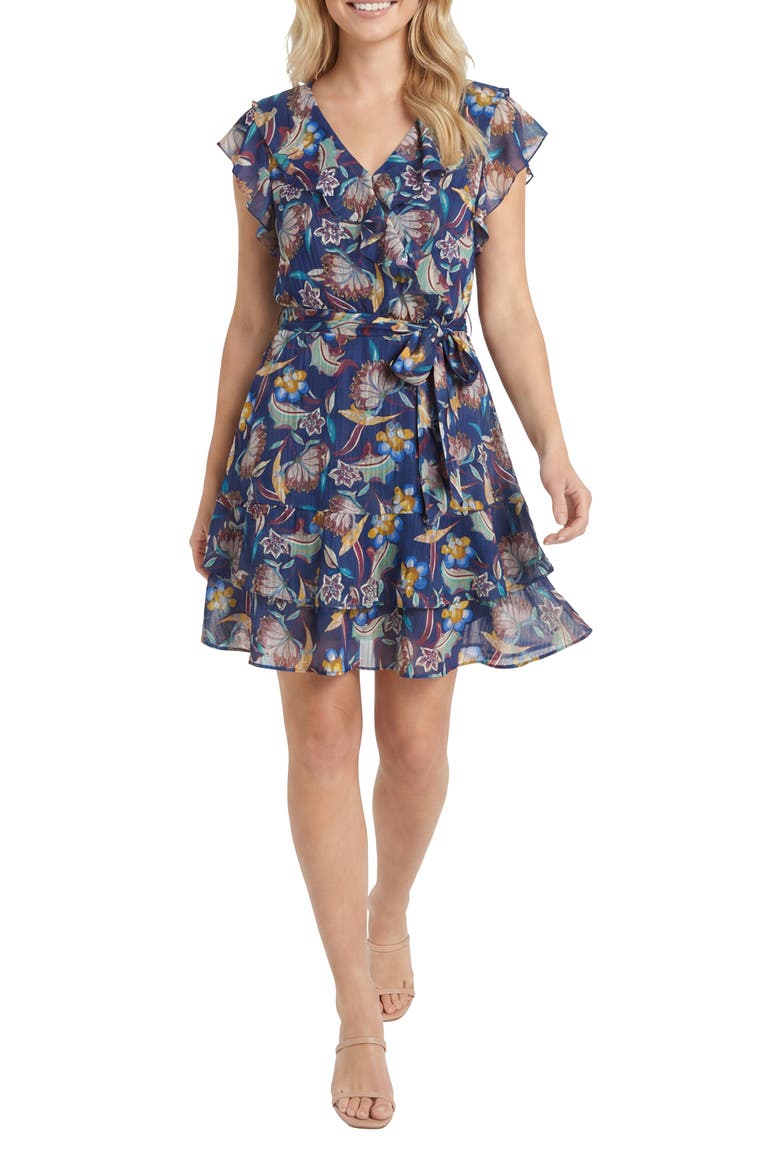 Ruffle Cap Sleeve Faux Wrap Dress, Main, color, NAVY/ HOLLYHOCK