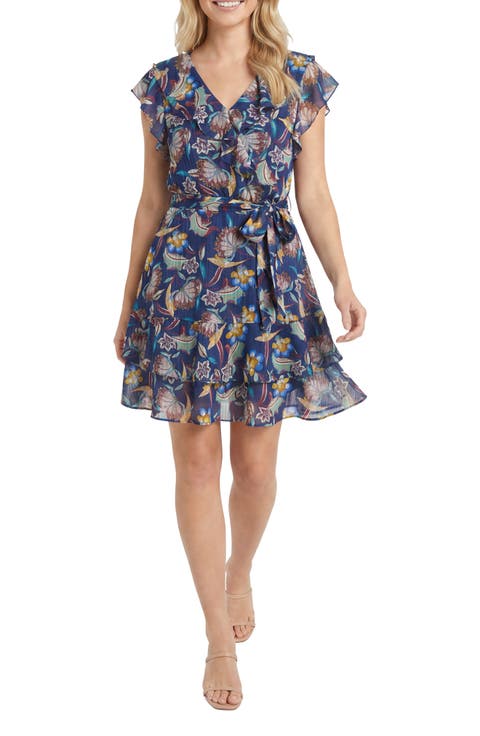 Ruffle Cap Sleeve Faux Wrap Dress