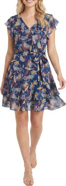 London Times Ruffle Cap Sleeve Faux Wrap Dress