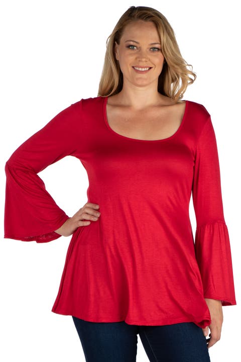 Plus Size Long Bell Sleeve Flared  Tunic Top