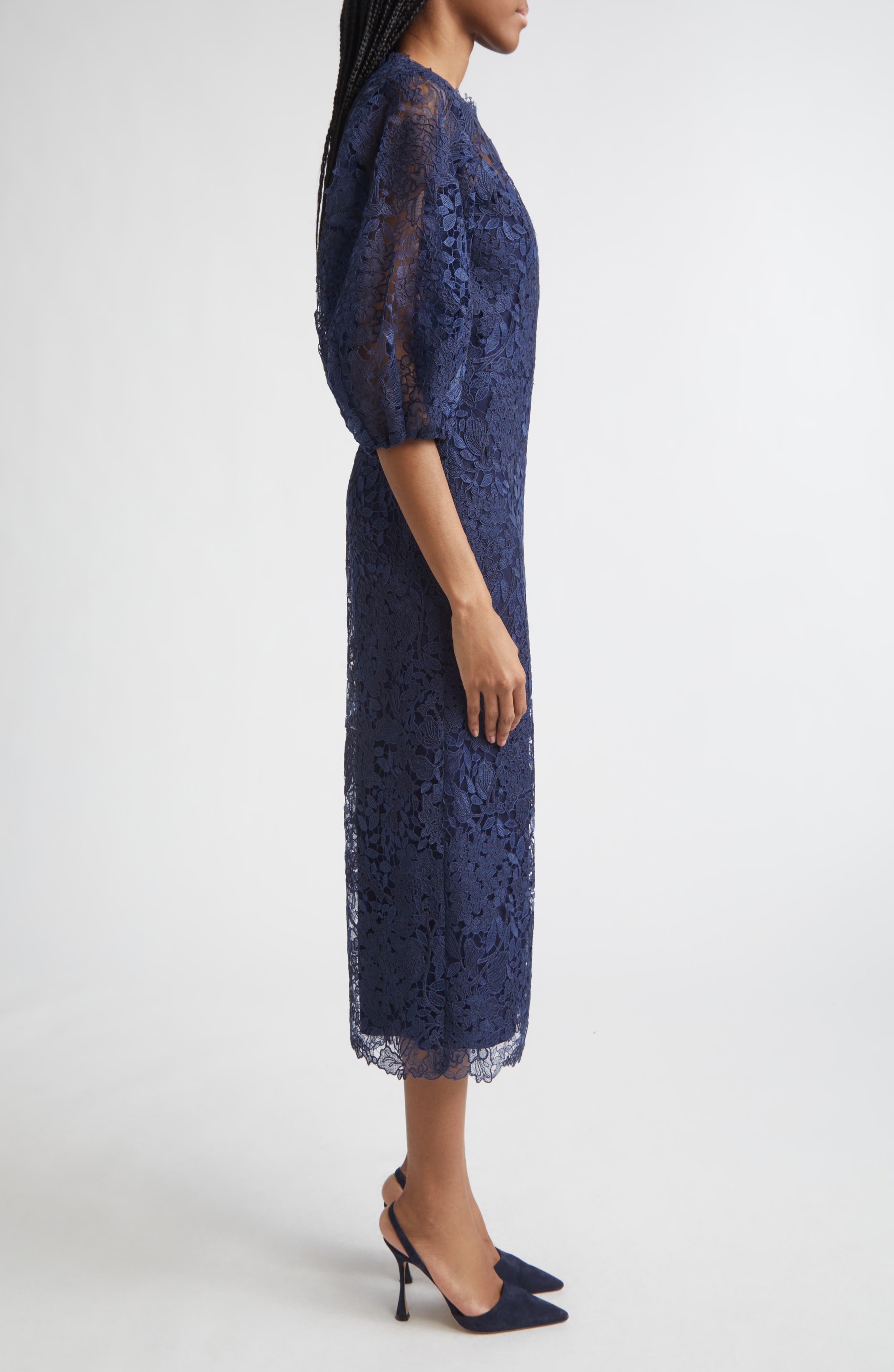Carolina Herrera Balloon Sleeve Lace Midi Pencil Dress (Women) | Nordstrom