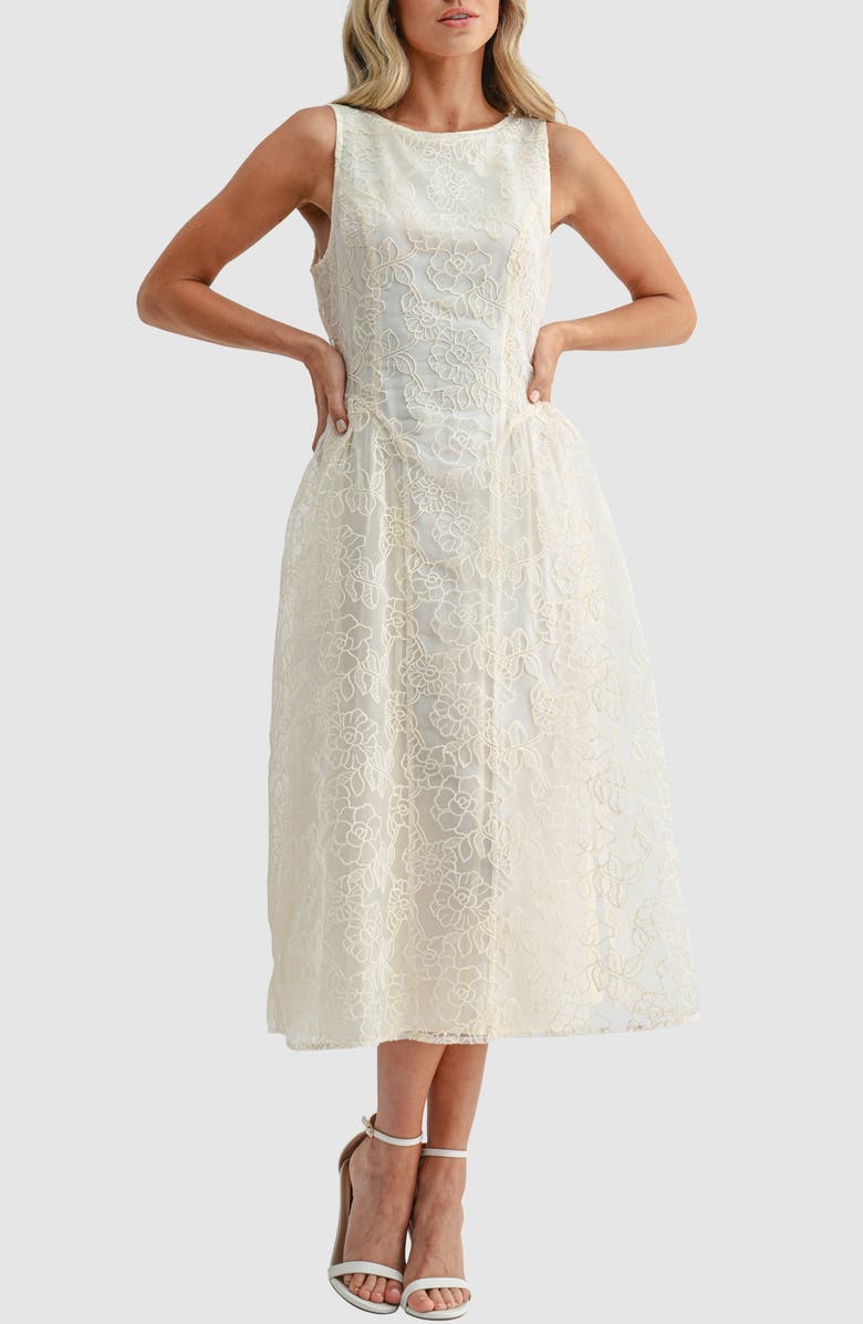 Mila Mae Floral Embroidered Fit & Flare Midi Dress, Main, color, Beige