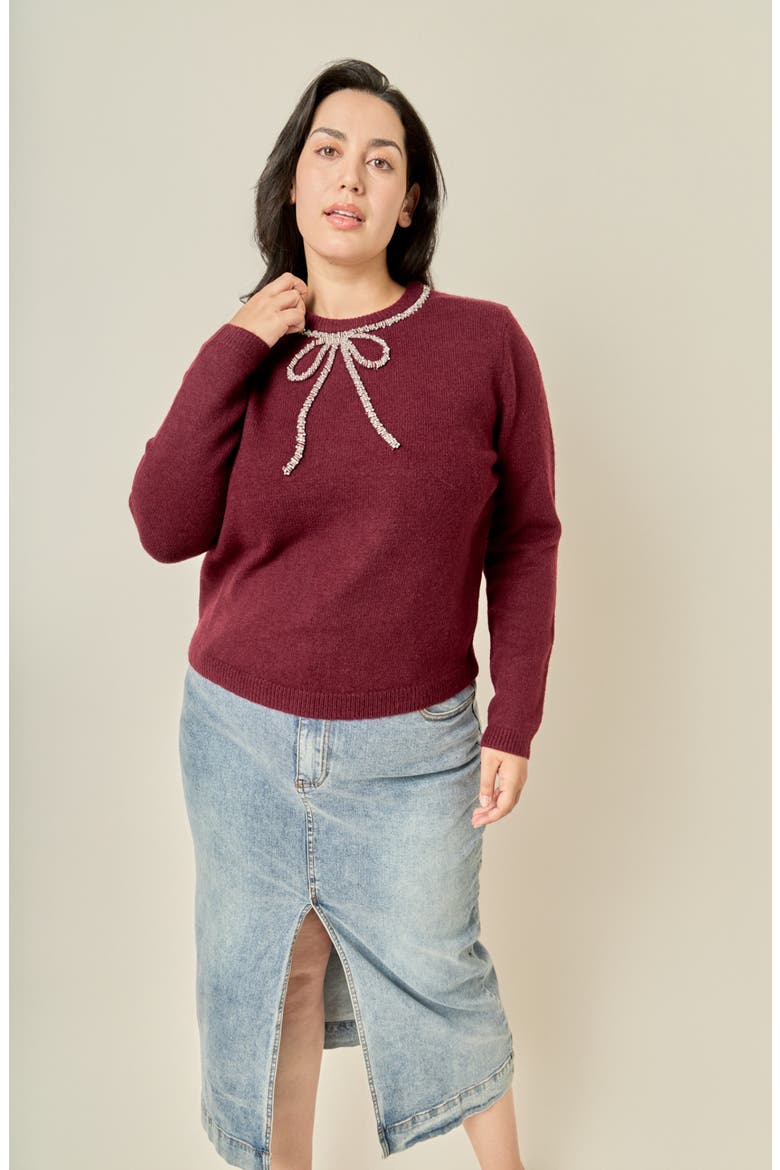Rhinestone Bow Sweater, Alternate, color, WINE