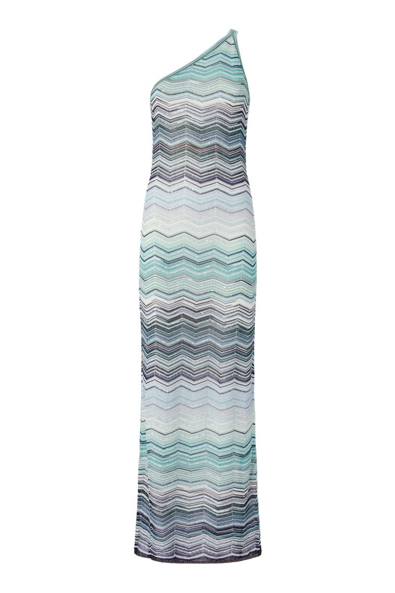 One-shoulder Long Dress In Chevron Motif With Sequins, Alternate, color, Turquoise