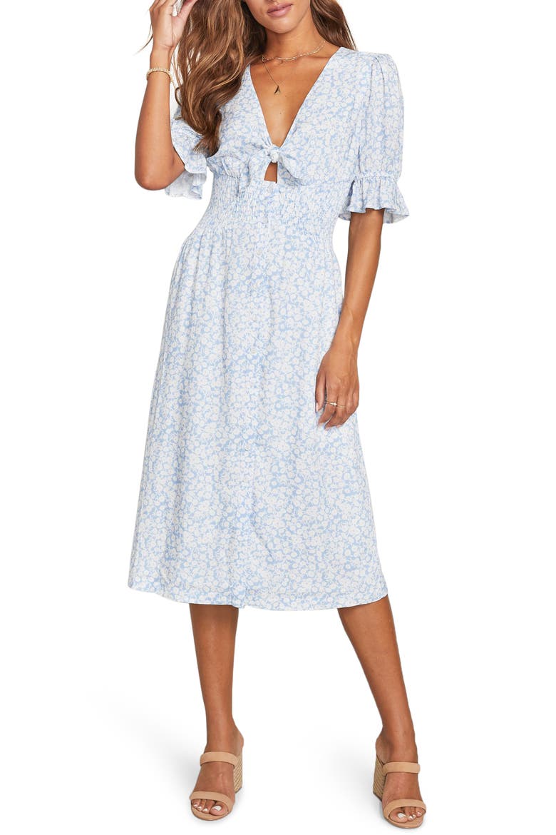 Wander My Way Tie Front Midi Dress, Main, color, SKY BLUE/ WHITE