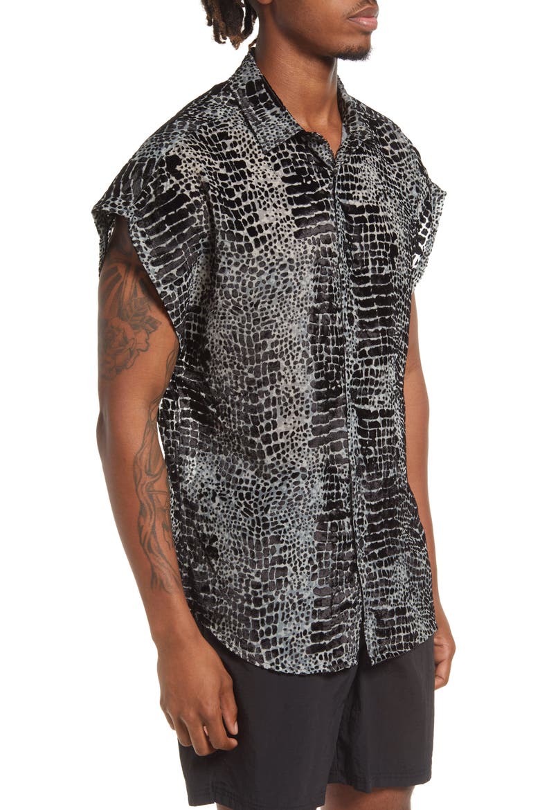 Snakeskin Print Cap Sleeve Button-Up Shirt, Alternate, color, BLACK