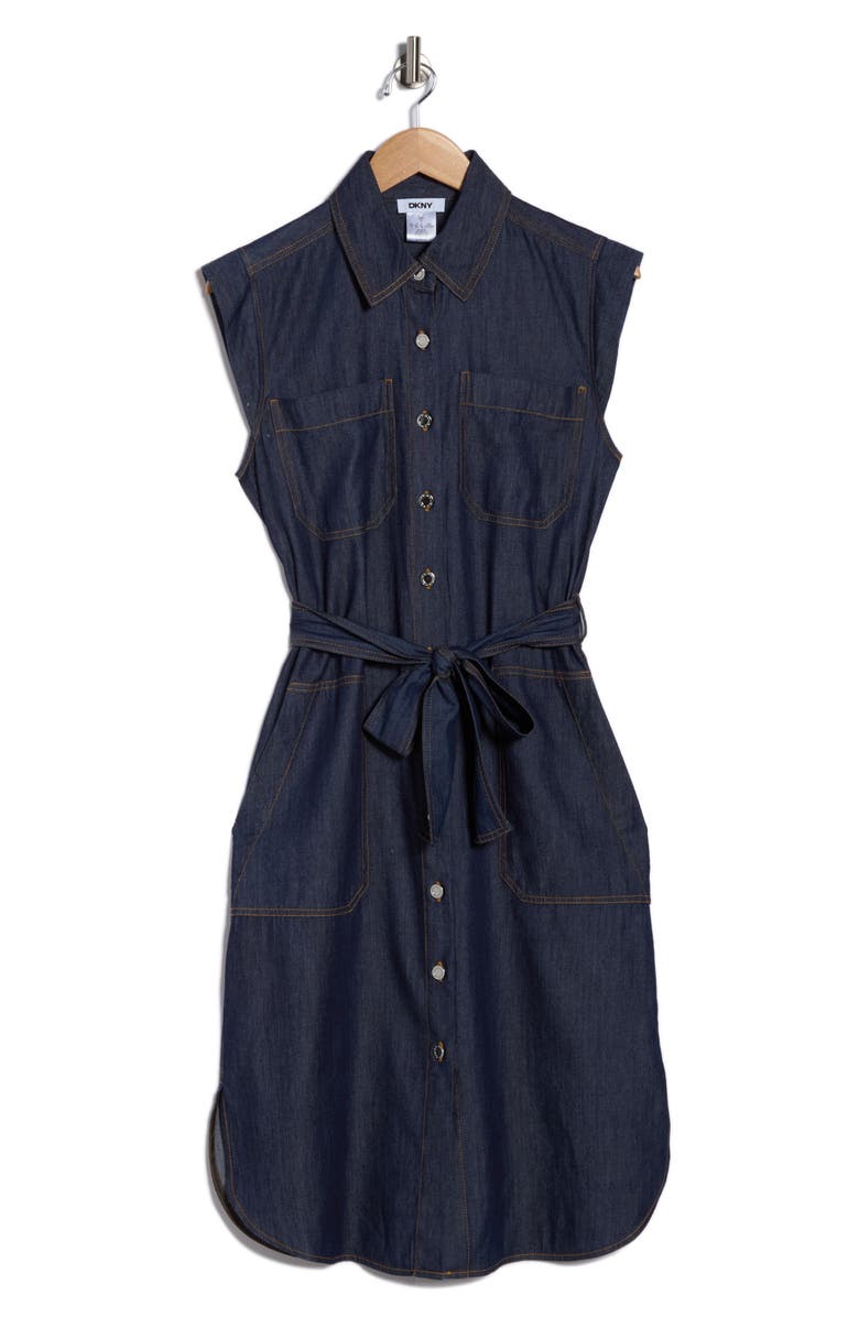 DKNY Cap Sleeve Cotton Blend Chambray Shirtdress, Main, color, Dark Benson