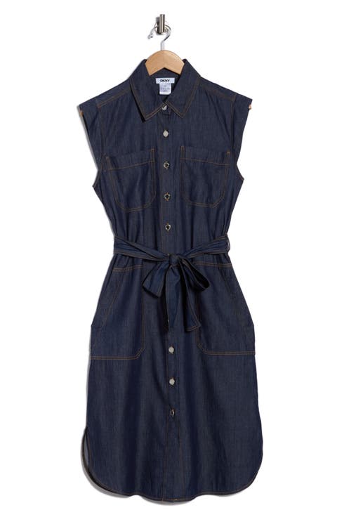 Cap Sleeve Cotton Blend Chambray Shirtdress