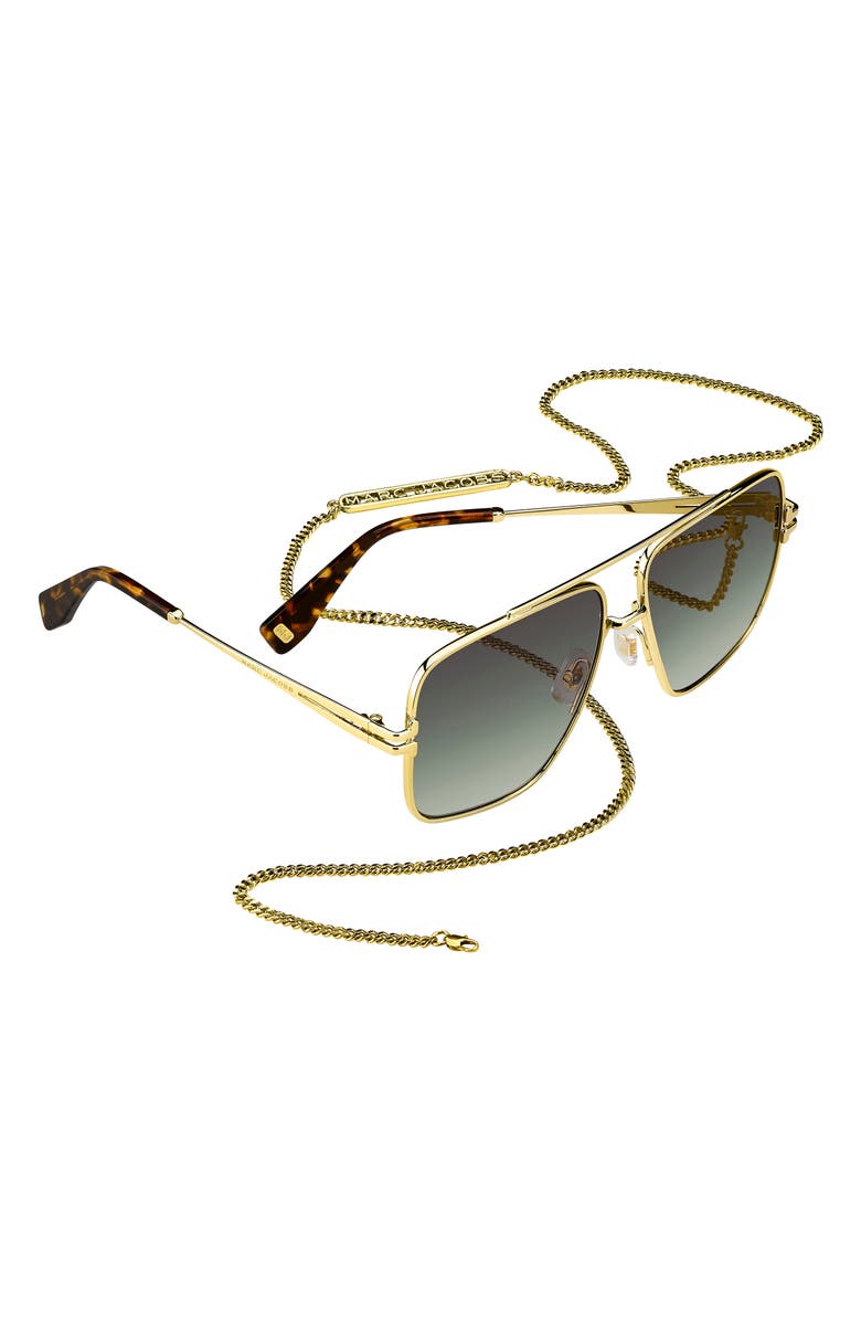 Marc Jacobs 59mm Gradient Square Sunglasses with Chain, Alternate, color, Gold Havana/ Gray Green