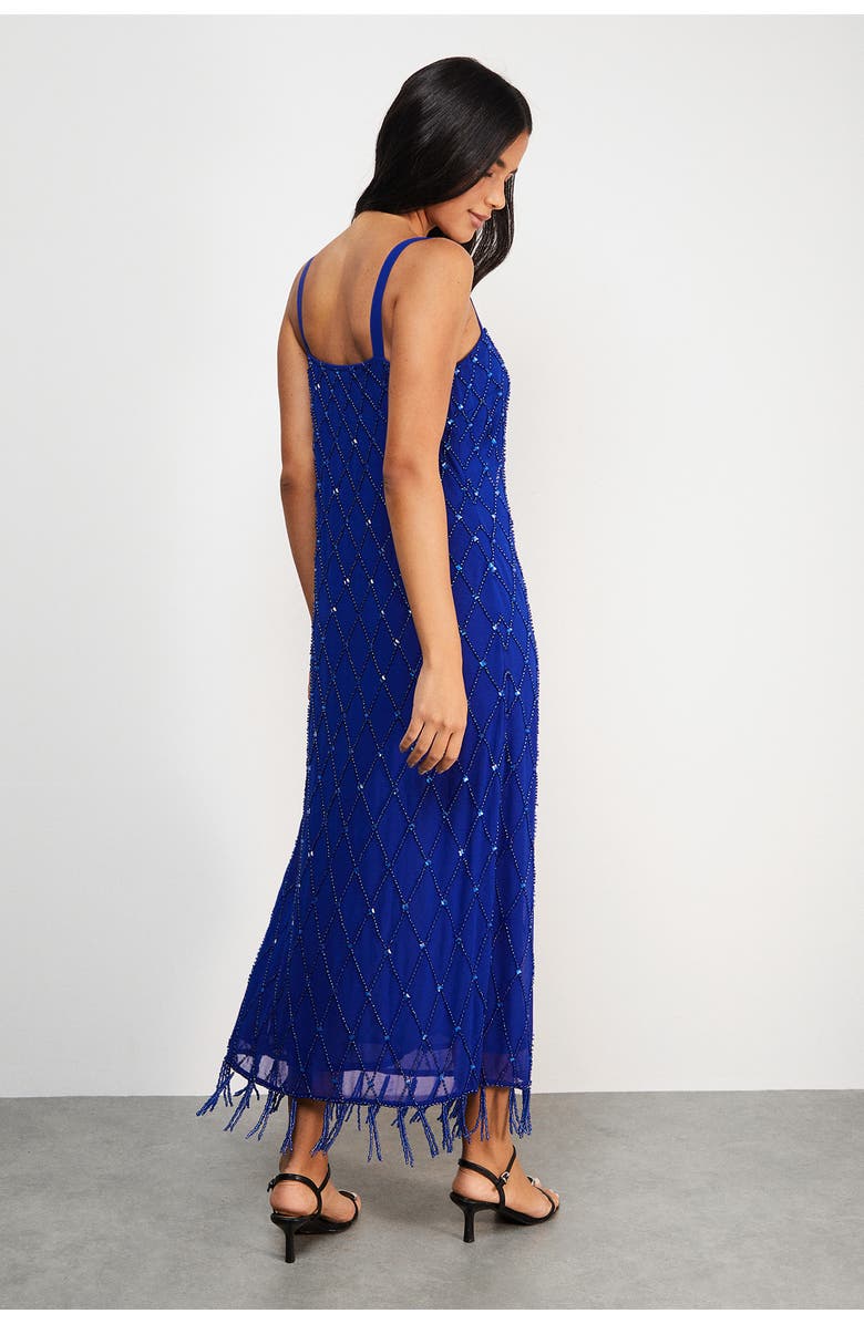 Warehouse Hand Embellished Fringe Hem Midi Dress, Alternate, color, Cobalt