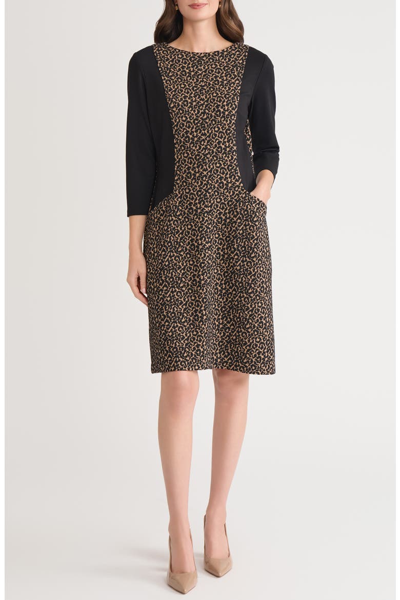 Contrast Detail Leopard Print Dress, Main, color, DARK CAMEL/ BLACK