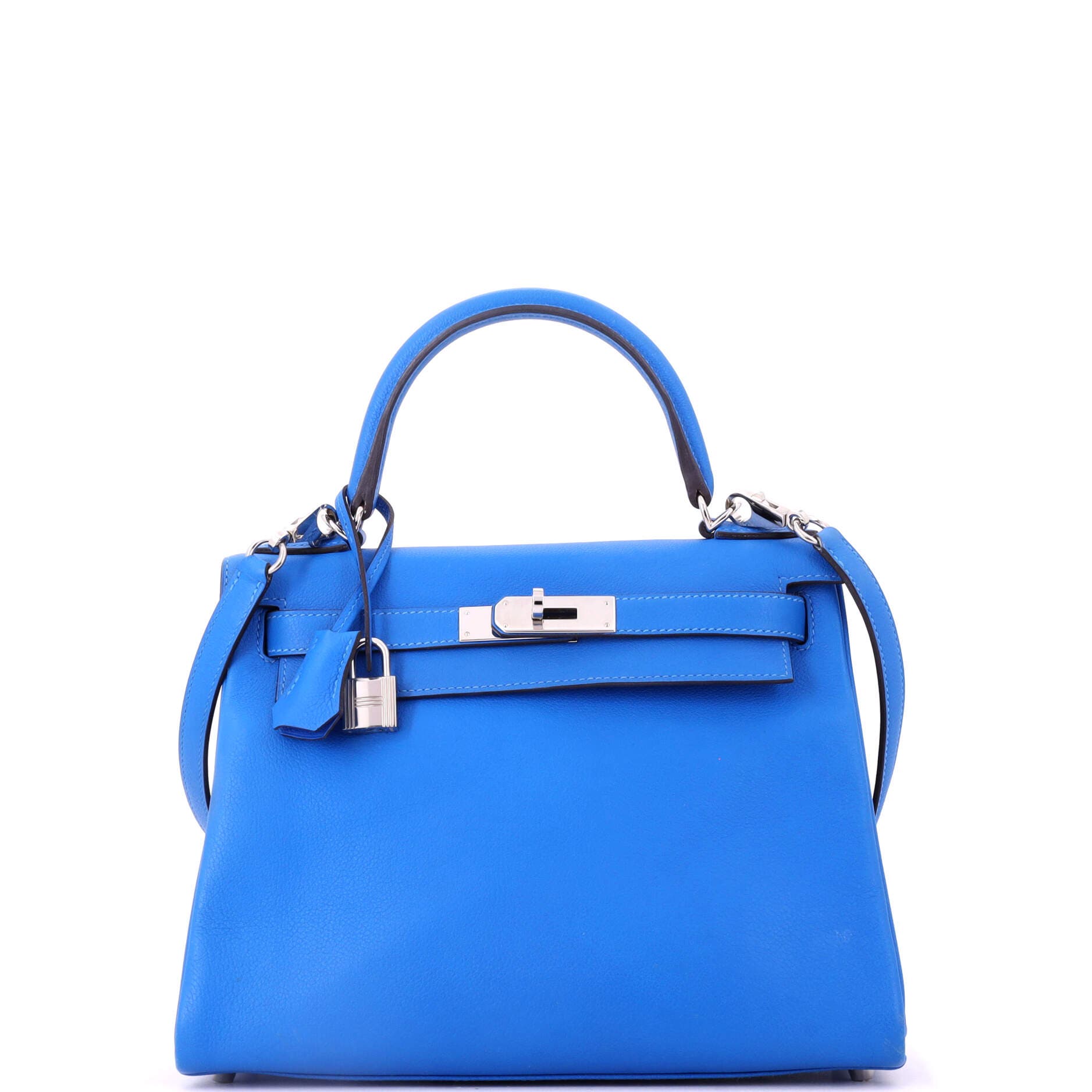 Pre-Owned Hermes Kelly Handbag Blue Evercolor with Palladium Hardware 28, Main, color, Bleu Hydra
