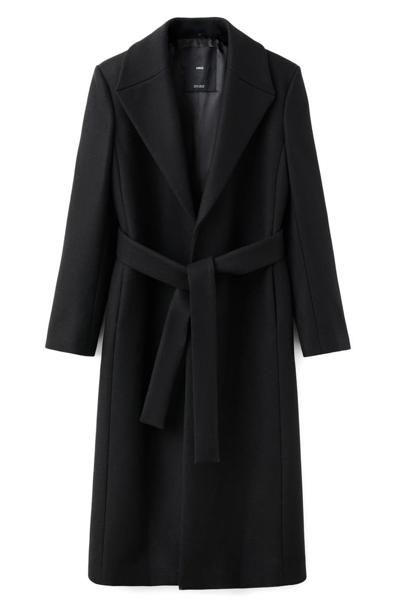 MANGO Manteco Belted Longline Trench Coat with Removable Faux Fur Collar, Main, color, Black