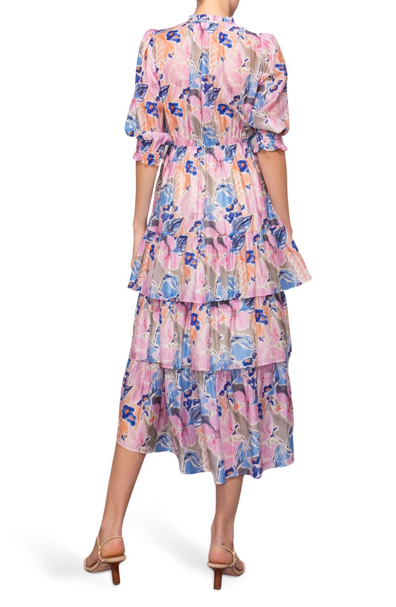 MELLODAY Printed Tiered Midi Dress, Alternate, color, Pink Blue