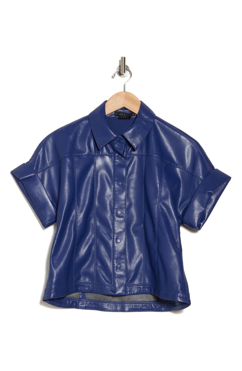 Alice + Olivia Edyth Faux Leather Short Sleeve Shirt, Alternate, color,