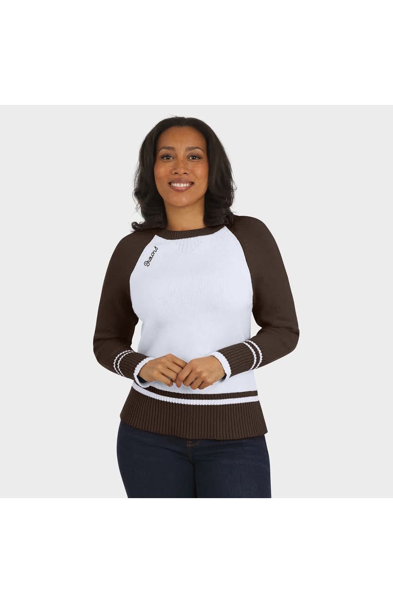WEAR by Erin Andrews Women
s WEAR by Erin Andrews White/Brown Cleveland Browns Colorblock Raglan Sweater, Alternate, color, White
