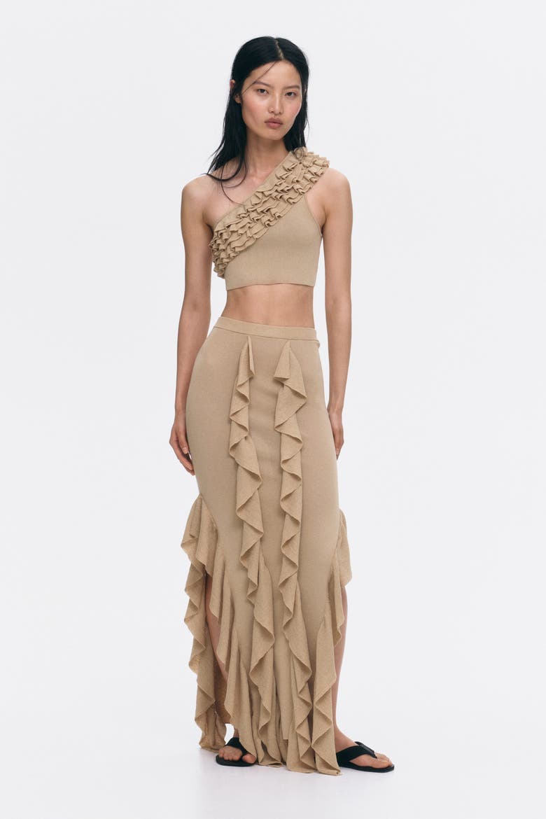 Ruffled One-shoulder Crop Top, Alternate, color, Beige