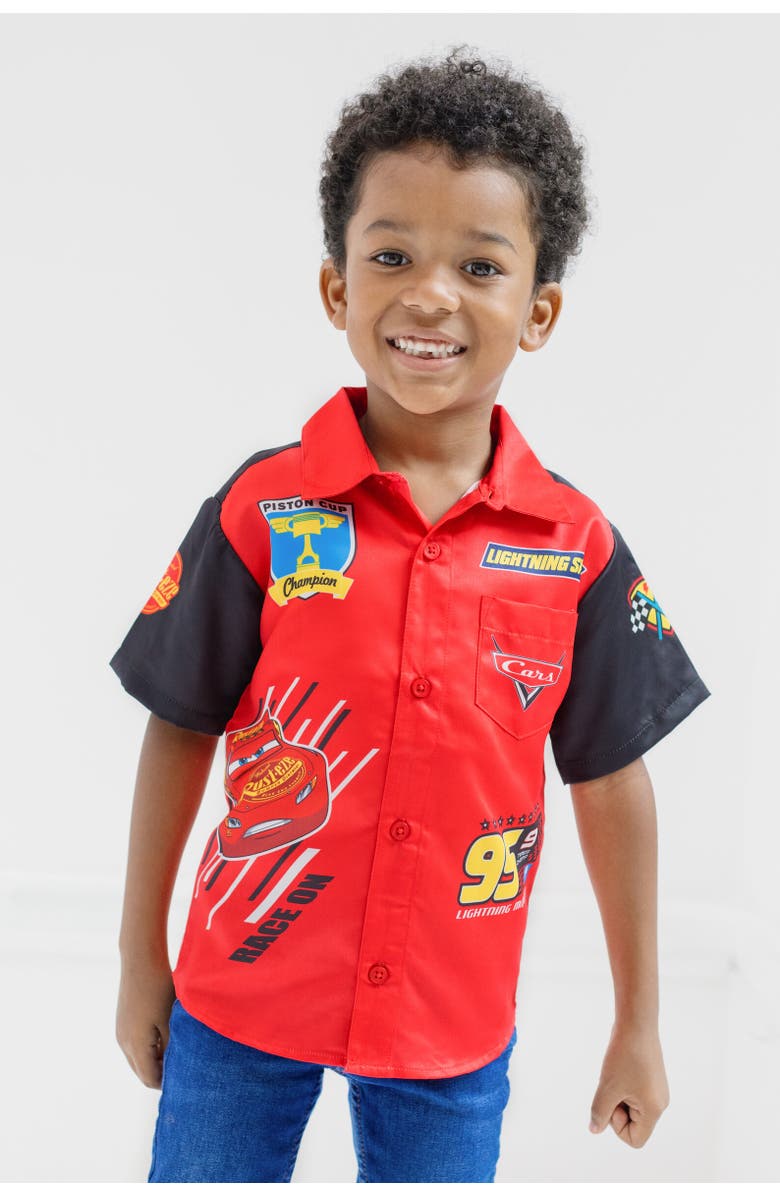 Disney Short Sleeve Button Down Shirt, Alternate, color, Lightning Mcqueen Red Red