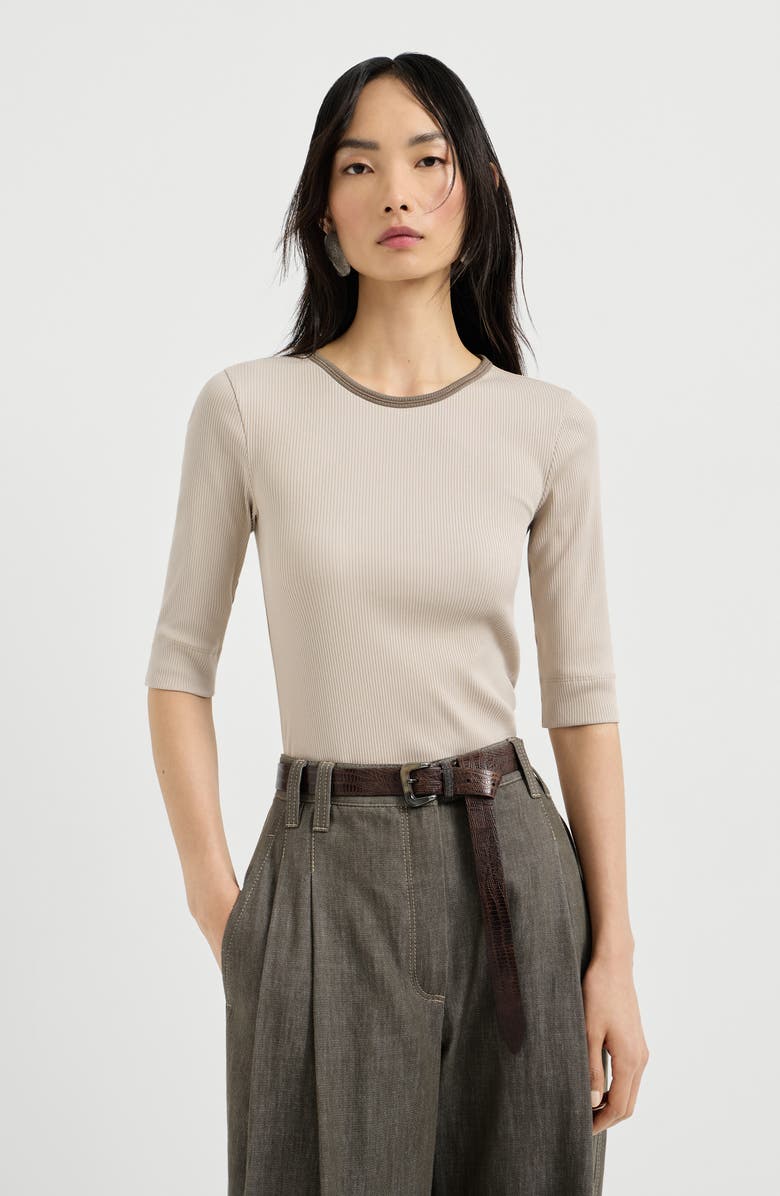 Brunello Cucinelli Ribbed jersey top, Main, color, Beige