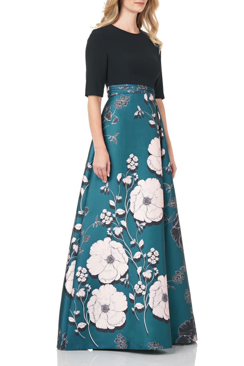 Floral Print Mikado A-Line Gown, Alternate, color, TEAL POPPY FLORAL