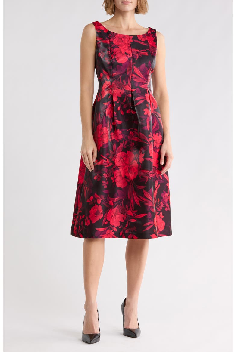 Floral Mikado Fit and Flare Dress, Main, color, RUBY