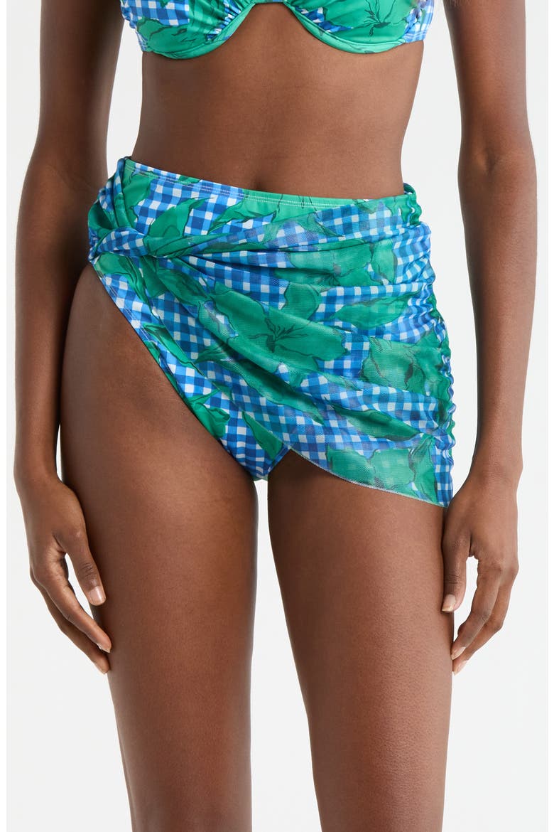 Mesh Overlay High Waist Bikini Bottoms, Main, color, COBALT/ TEAL FLORAL