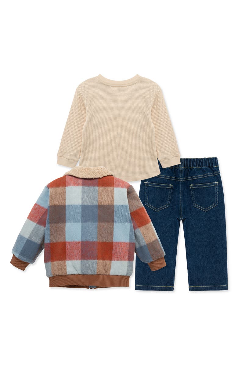 Little Me 3-Piece Plaid Bomber Jacket, Shirt & Jeans Set, Alternate, color, 