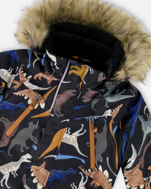 Deux Par Deux Two-piece Play Snowsuit With Dinosaurs Jacket In Blue