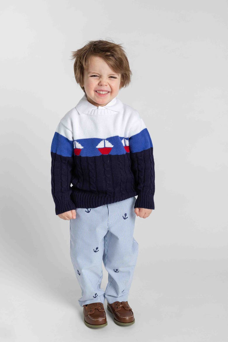 Stripe Fake Fly Pants With Anchors, Alternate, color, Blue Seersucker