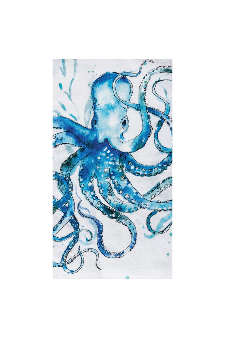 Octopus Printed Flour Sack Coastal Nautical Kitchen Dishtowel, Main, color, White