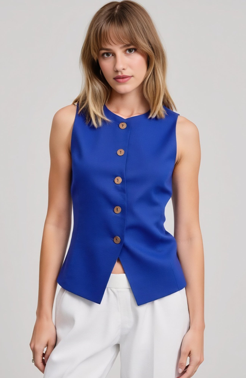 Sleeveless Button Front Tailored Fit Asymmetrical Hem Vest