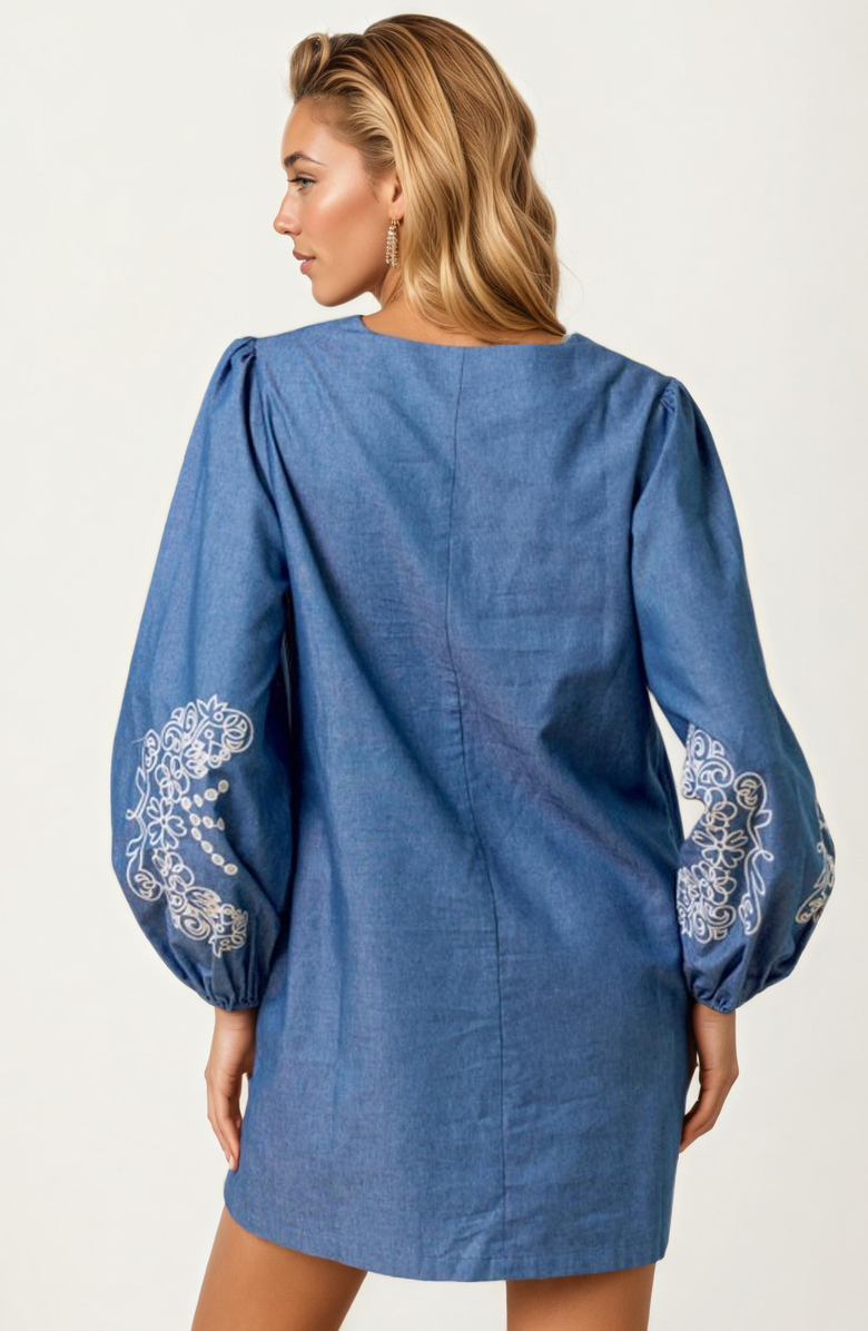 Knit and Lounge Embroidered Chambray Mini Dress, Alternate, color, Chambray Blue