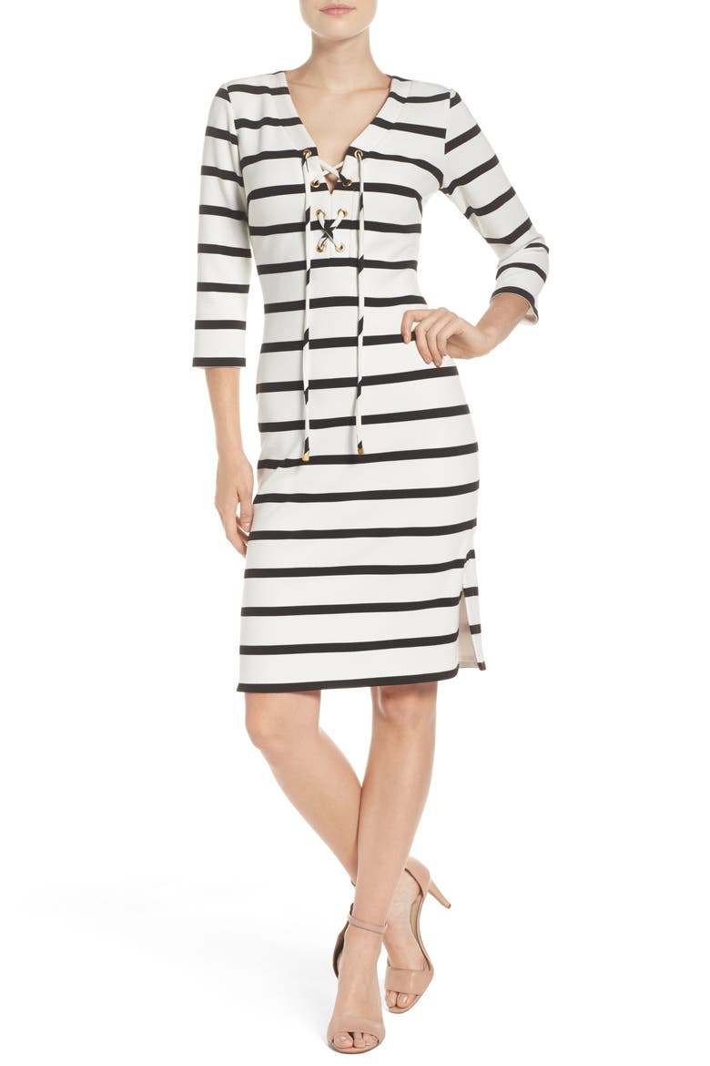 Stripe Lace-Up Sheath Dress, Alternate, color, IVORY/ BLACK