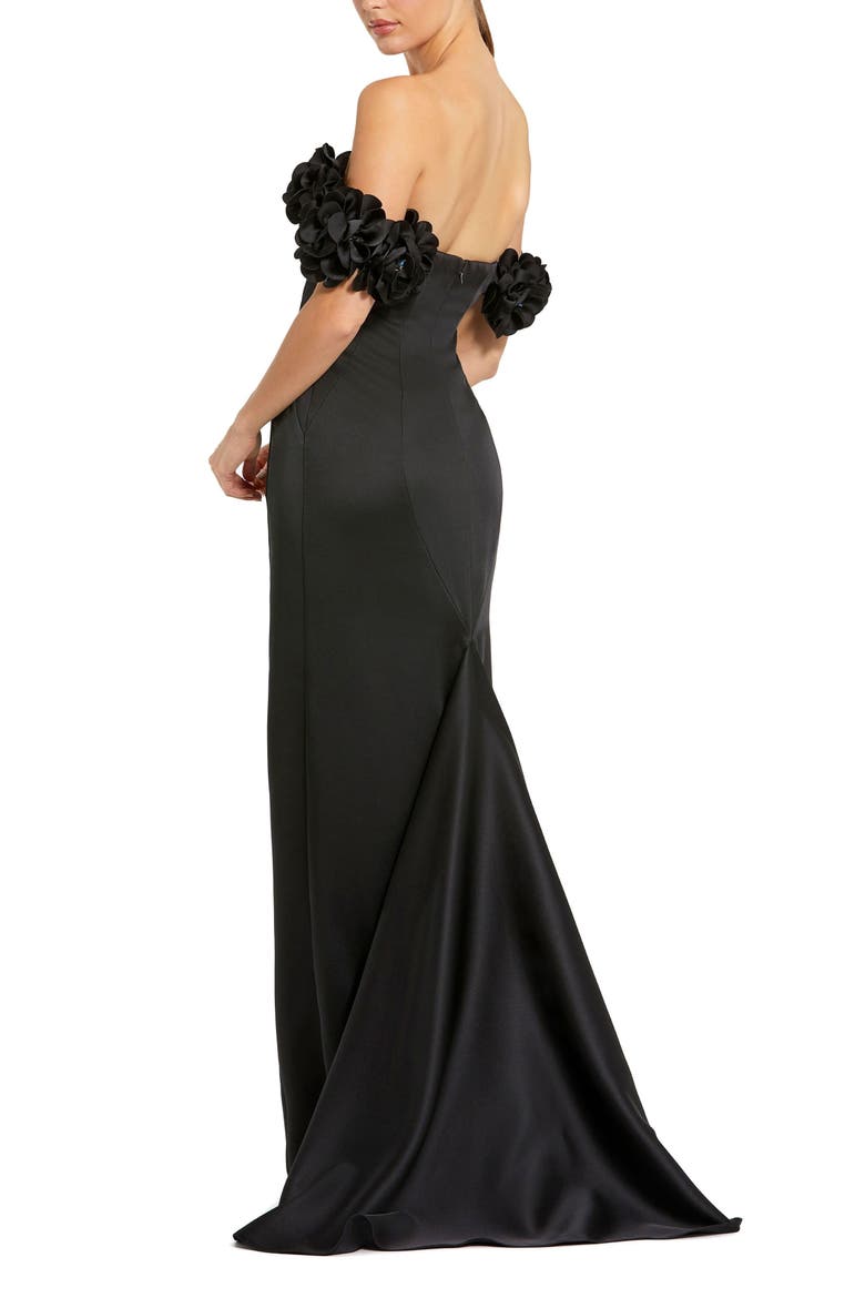 Satin 3D Flower Off The Shoulder Mermaid Gown, Alternate, color, Black