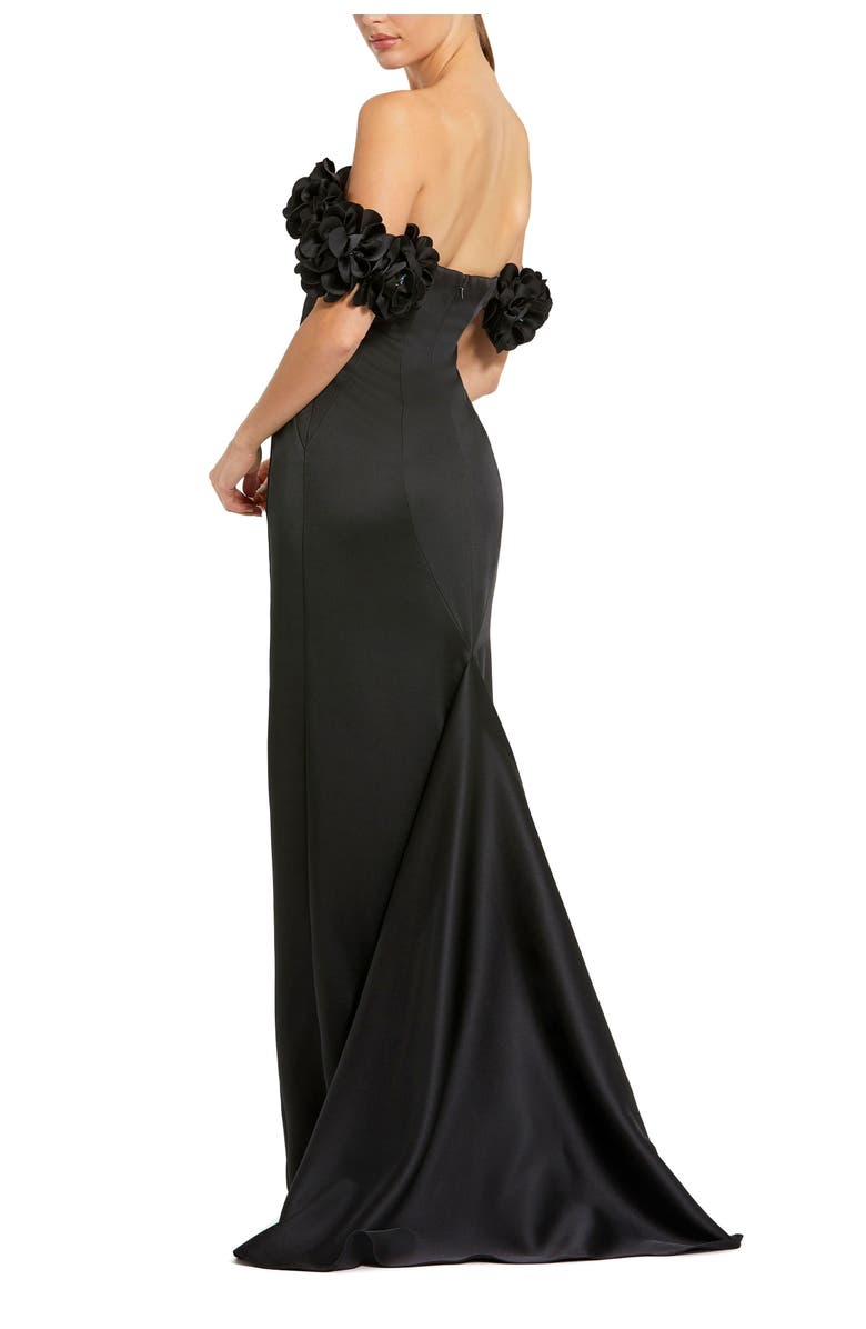 Mac Duggal Satin 3D Flower Off The Shoulder Mermaid Gown, Alternate, color, Black