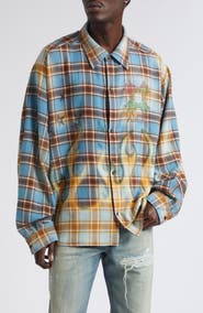 AMIRI MA Quad Flames Plaid Cotton Flannel Button-Up Shirt